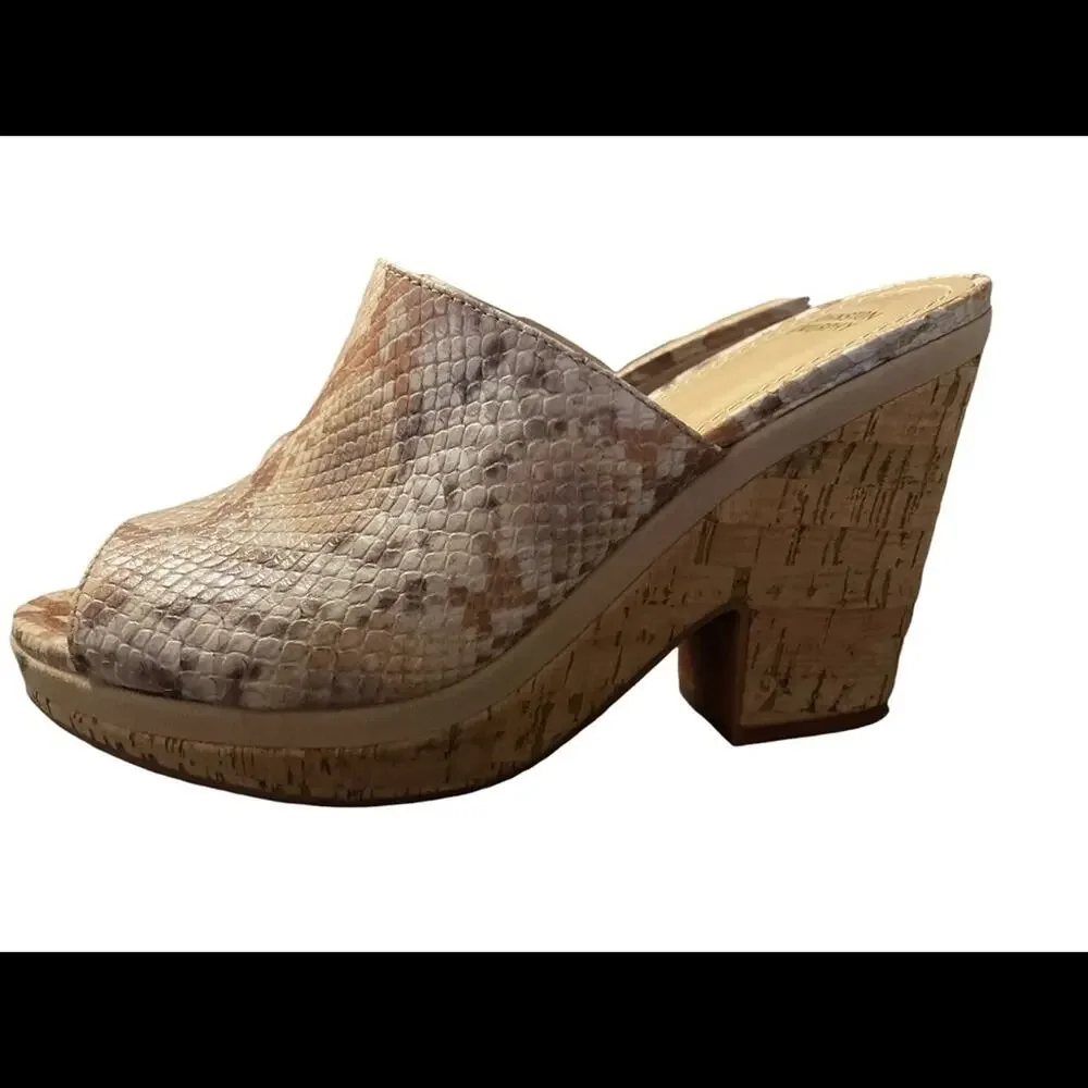 Johnston & Murphy Platform 7.5 Snakeskin Leather Cork Peep Toe Wedge Sandal Tan - Picture 2 of 5